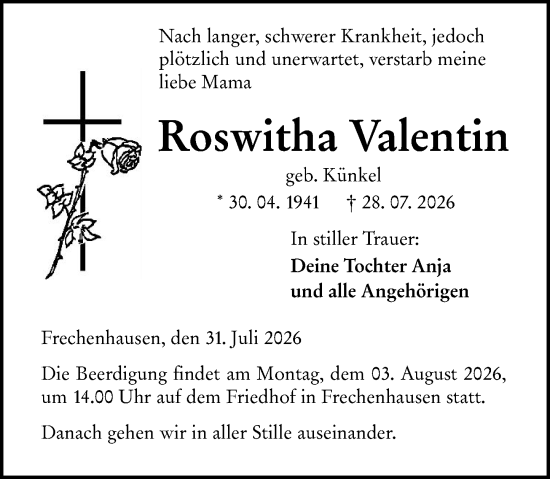 Traueranzeige von Roswitha Valentin von Hinterländer Anzeiger