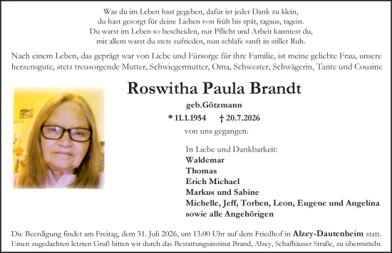 Traueranzeige von Roswitha Paula Brandt von Allgemeine Zeitung Alzey