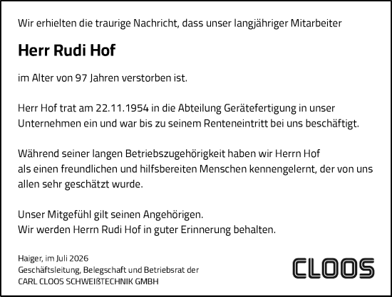Traueranzeige von Rudi Hof von Dill Block