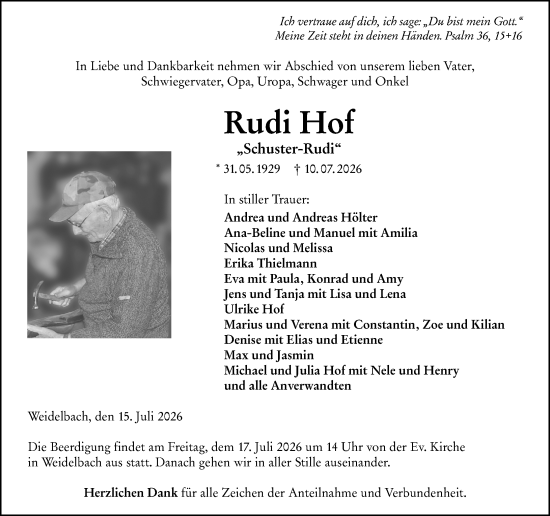 Traueranzeige von Rudi Hof von Dill Block