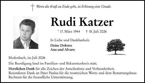 Traueranzeige von Rudi Katzer von Dill Block