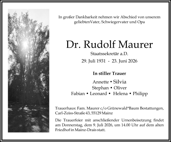 Traueranzeige von Rudolf Maurer von Allgemeine Zeitung Mainz