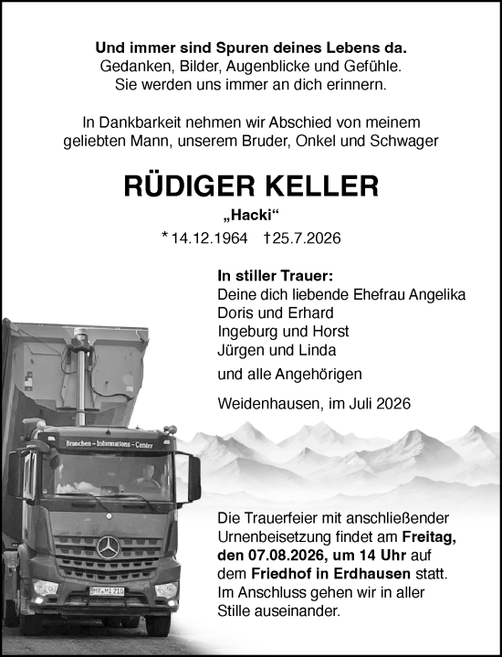 Traueranzeige von Rüdiger Keller von Hinterländer Anzeiger