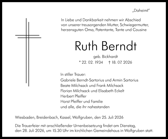 Traueranzeige von Ruth Berndt von Hinterländer Anzeiger