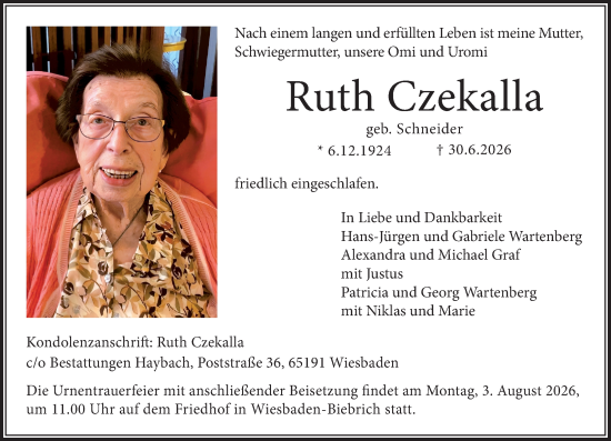 Traueranzeige von Ruth Czekalla von Wiesbadener Kurier
