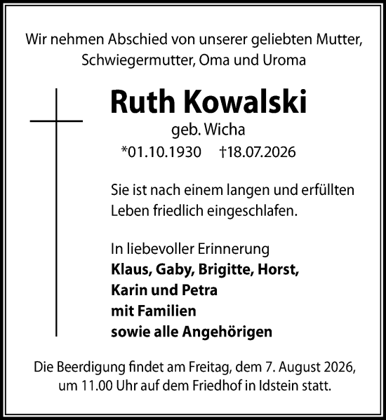 Traueranzeige von Ruth Kowalski von Idsteiner Land/Untertaunus