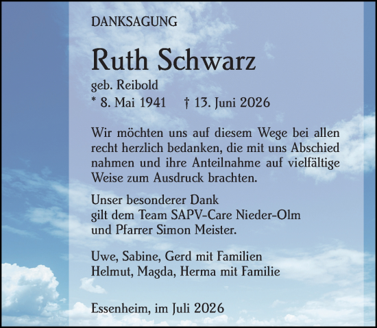 Traueranzeige von Ruth Schwarz von Allgemeine Zeitung Mainz