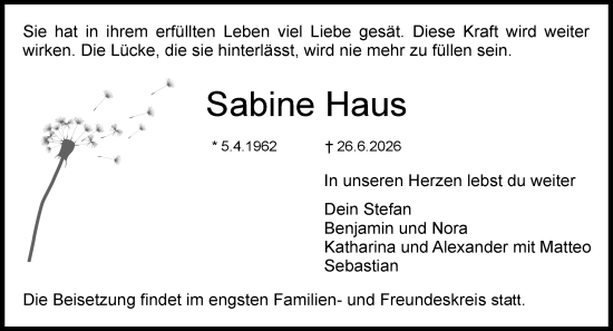 Traueranzeige von Sabine Haus von Dieburger Anzeiger/Groß-Zimmerner Lokal-Anzeiger
