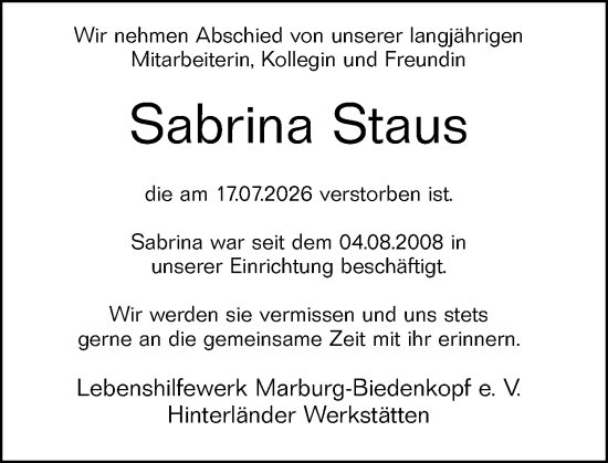 Traueranzeige von Sabrina Staus von Hinterländer Anzeiger