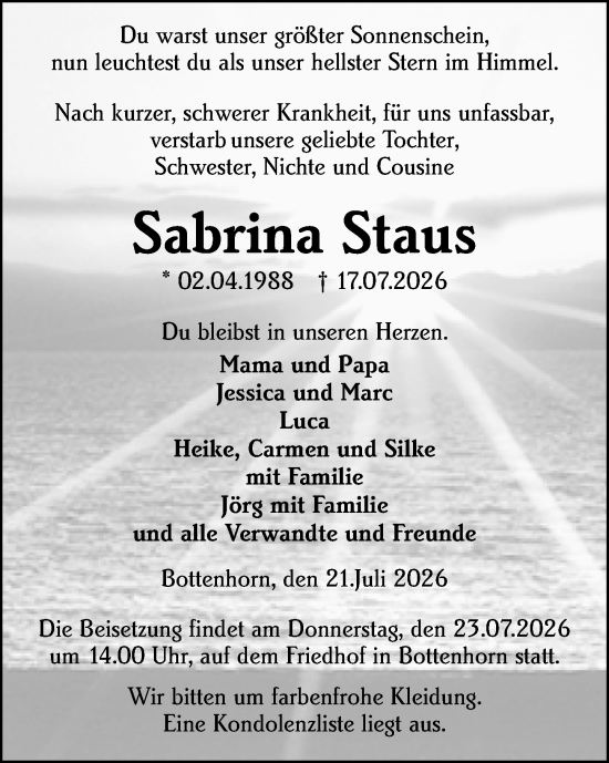 Traueranzeige von Sabrina Staus von Hinterländer Anzeiger