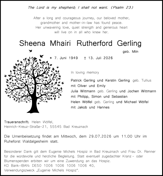Traueranzeige von Sheena Mhairi Rutherford Gerling von Allgemeine Zeitung Rheinhessen-Nahe