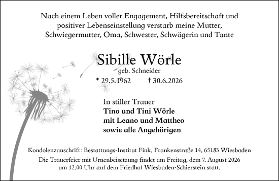 Traueranzeige von Sibille Wörle von Wiesbadener Kurier