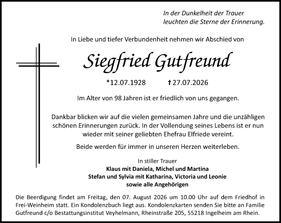 Traueranzeige von Siegfried Gutfreund von Allgemeine Zeitung Rheinhessen-Nahe