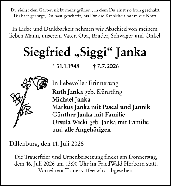 Traueranzeige von Siegfried Janka von Dill Block