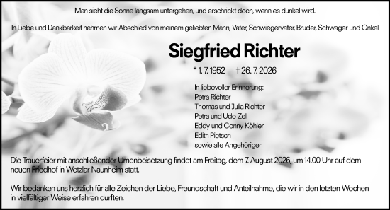 Traueranzeige von Siegfried Richter von Wetzlarer Neue Zeitung