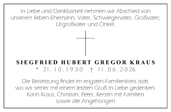 Traueranzeige von Siegfried Hubert Gregor Kraus von Darmstädter Echo