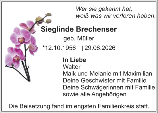 Traueranzeige von Sieglinde Brechenser von Starkenburger Echo