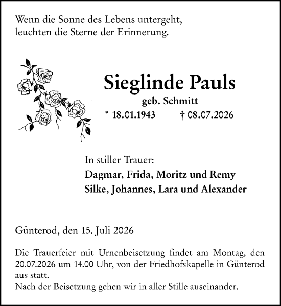 Traueranzeige von Sieglinde Pauls von Hinterländer Anzeiger