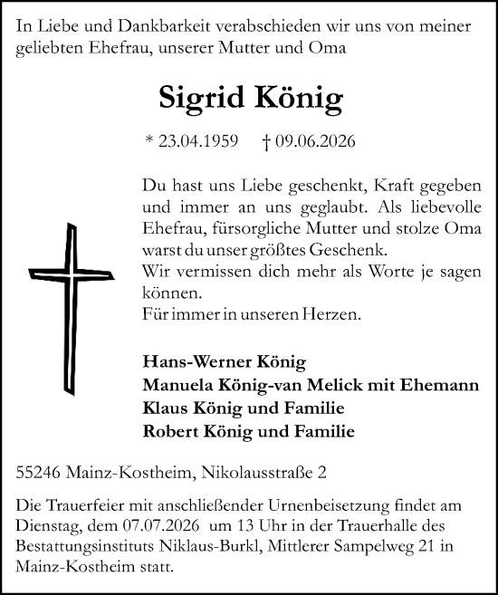 Traueranzeige von Sigrid König von Allgemeine Zeitung Mainz