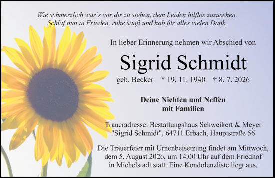 Traueranzeige von Sigrid Schmidt von Odenwälder Echo