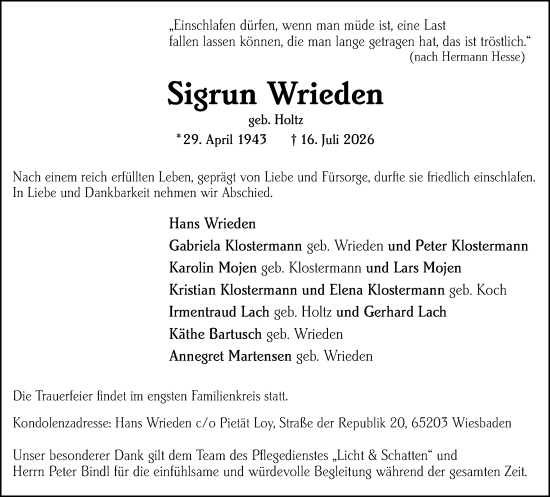Traueranzeige von Sigrun Wrieden von Wiesbadener Kurier