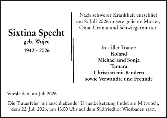 Traueranzeige von Sixtina Specht von Wiesbadener Kurier