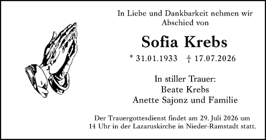 Traueranzeige von Sofia Krebs von Darmstädter Echo