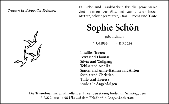 Traueranzeige von Sophie Schön von Weilburger Tageblatt