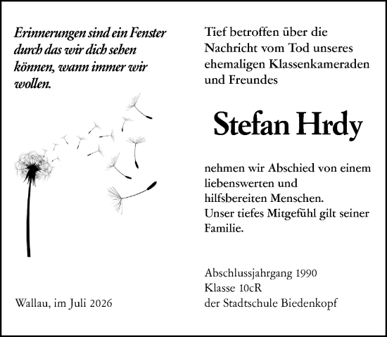 Traueranzeige von Stefan Hrdy von Hinterländer Anzeiger