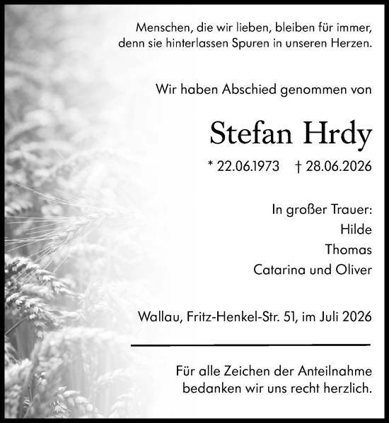 Traueranzeige von Stefan Hrdy von Hinterländer Anzeiger