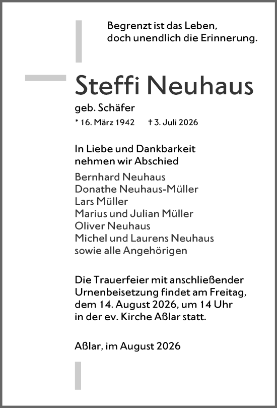 Traueranzeige von Steffi Neuhaus von Wetzlarer Neue Zeitung