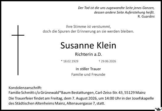 Traueranzeige von Susanne Klein von Allgemeine Zeitung Mainz