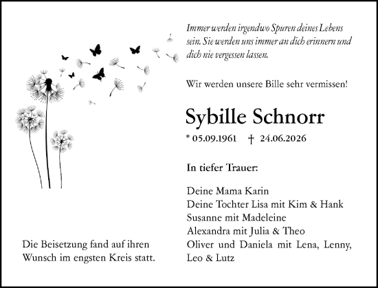 Traueranzeige von Sybille Schnorr von Dill Block