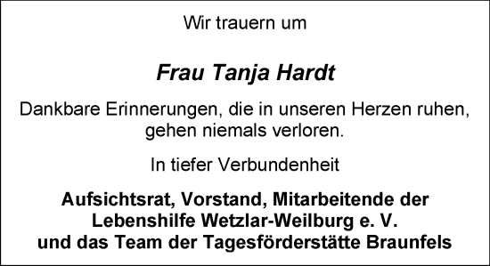Traueranzeige von Tanja Hardt von Weilburger Tageblatt