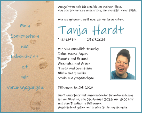 Traueranzeige von Tanja Hardt von Weilburger Tageblatt
