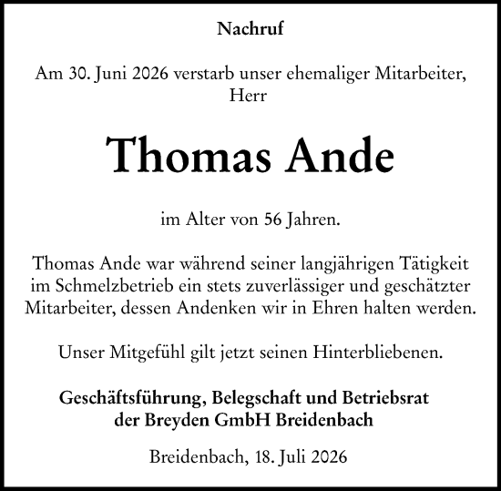 Traueranzeige von Thomas Ande von Hinterländer Anzeiger