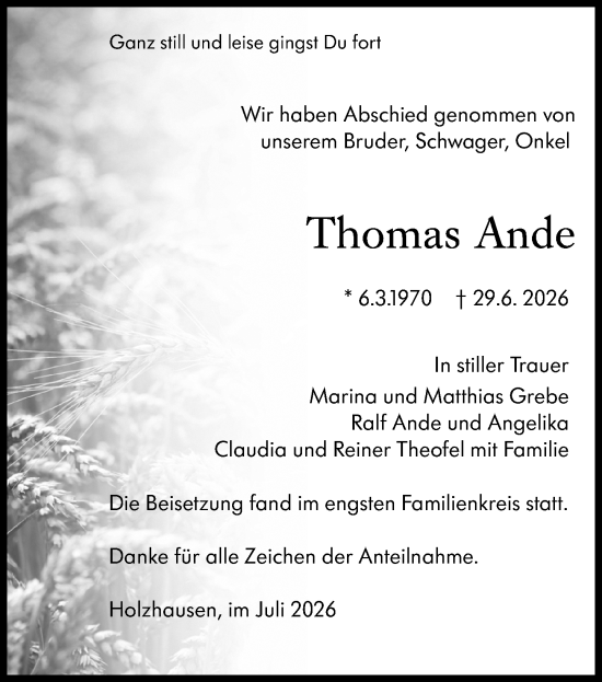 Traueranzeige von Thomas Ande von Hinterländer Anzeiger