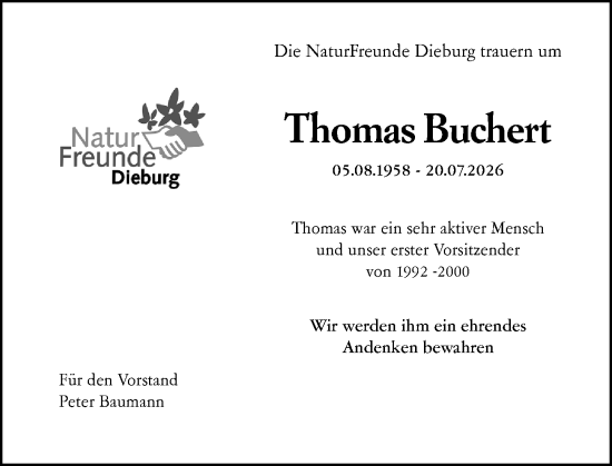 Traueranzeige von Thomas Buchert von Dieburger Anzeiger/Groß-Zimmerner Lokal-Anzeiger