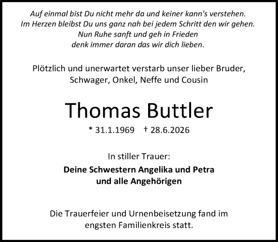 Traueranzeige von Thomas Buttler von Darmstädter Echo