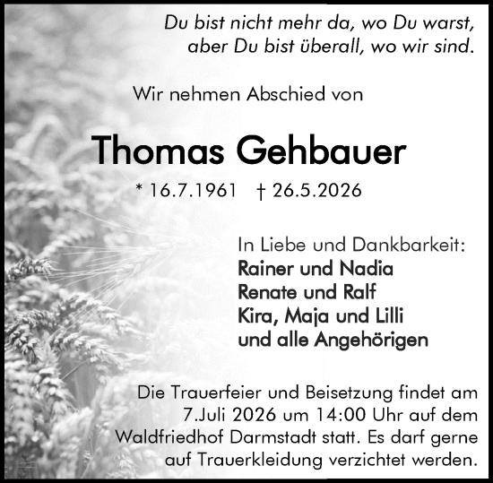 Traueranzeige von Thomas Gehbauer von Darmstädter Echo