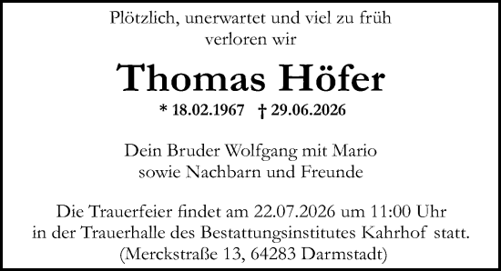 Traueranzeige von Thomas Höfer von Darmstädter Echo