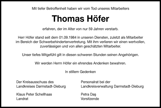 Traueranzeige von Thomas Höfer von Darmstädter Echo