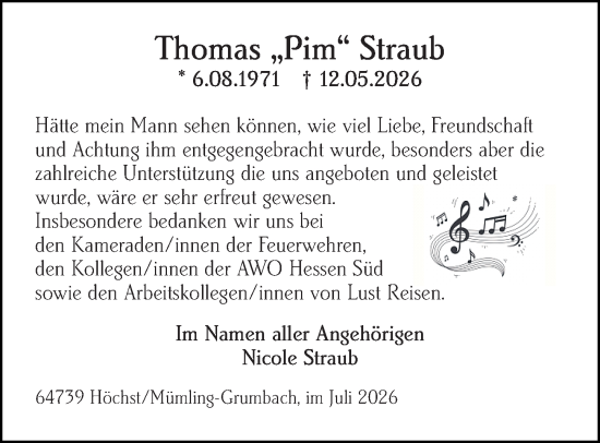 Traueranzeige von Thomas Straub von Odenwälder Echo
