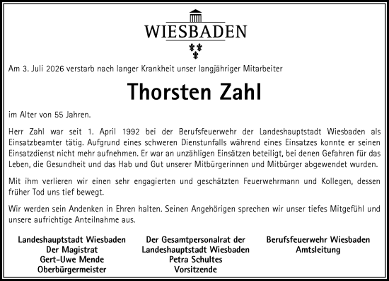 Traueranzeige von Thorsten Zahl von Wiesbadener Kurier