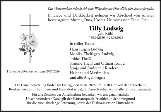 Traueranzeige von Tilly Ludwig von Wetzlarer Neue Zeitung