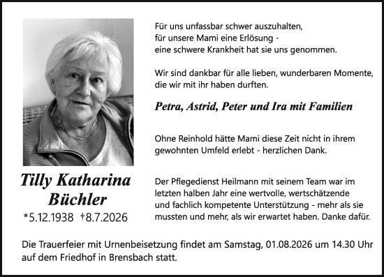 Traueranzeige von Tilly Katharina Büchler von Odenwälder Echo