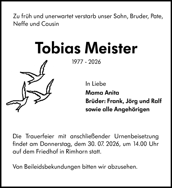 Traueranzeige von Tobias Meister von Odenwälder Echo