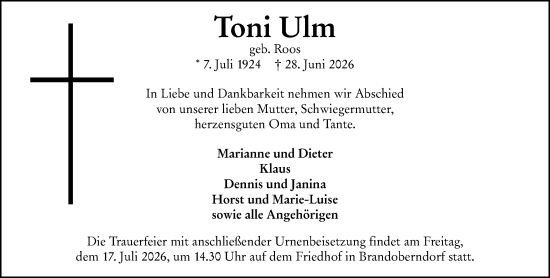 Traueranzeige von Toni Ulm von Wetzlarer Neue Zeitung