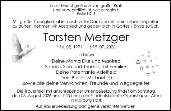 Traueranzeige von Torsten Metzger von Hinterländer Anzeiger
