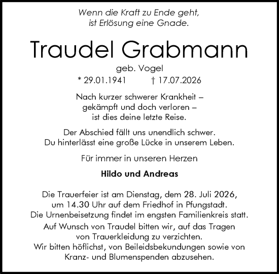 Traueranzeige von Traudel Grabmann von Darmstädter Echo